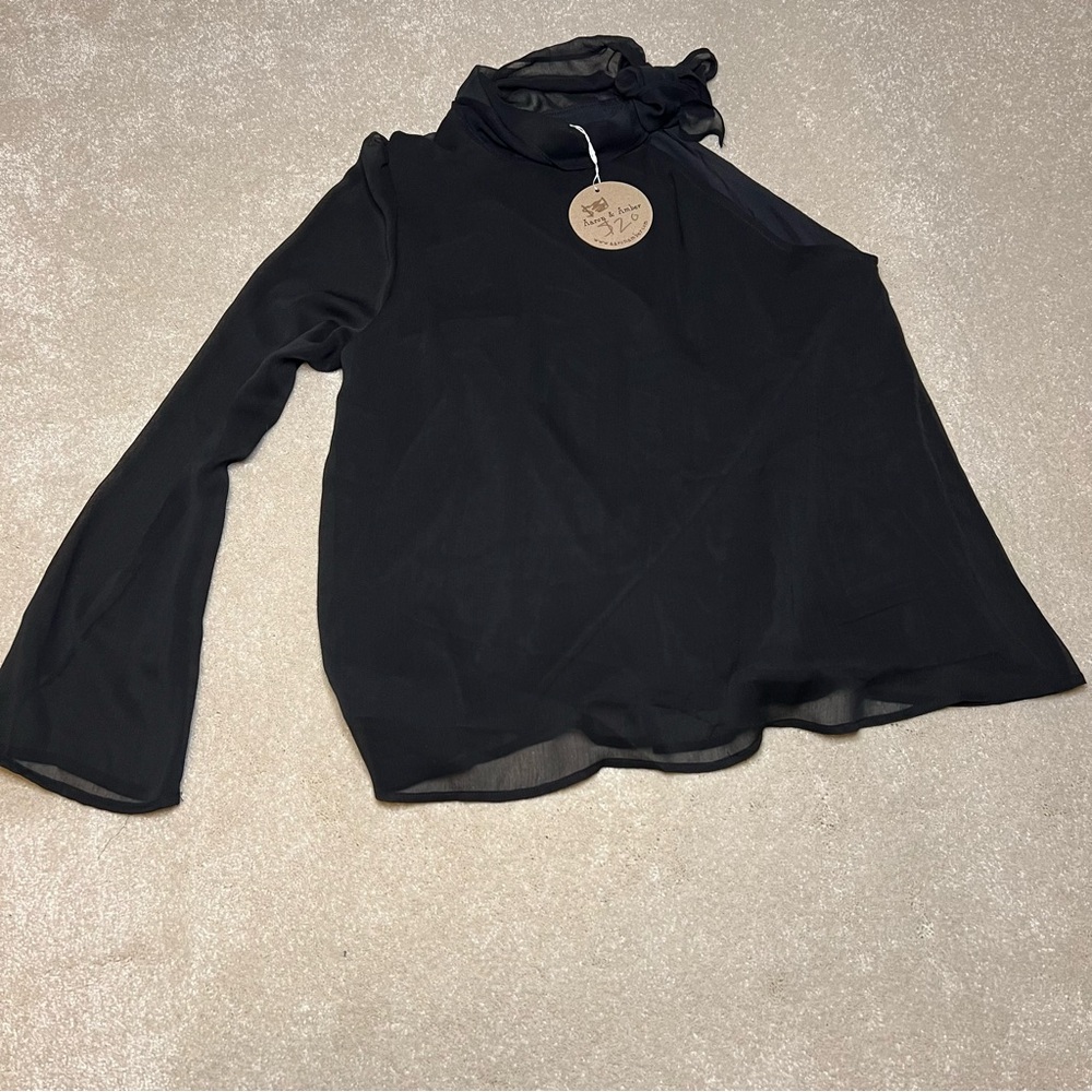 Aaron & Amber Black Sheer One Shoulder Dressy Shirt‎ Mock Neck women's Large
